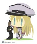  1girl artist_name bismarck_(kantai_collection) blonde_hair blue_eyes cat chameleon_man_(three) chibi hat kantai_collection long_hair peaked_cap solo unsinkable_sam 