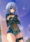  1girl absurdres blue_eyes blue_hair breasts cleavage date_a_live from_below gauntlets highres looking_at_viewer navel outdoors see-through short_hair solo spaulders tobiichi_origami zxhautumn 