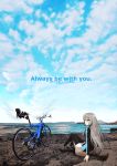  1girl bicycle clouds cloudy_sky erimo_haruka highres jacket long_hair ocean original photo_background shoes sitting skirt sky smile sneakers solo spandex text 