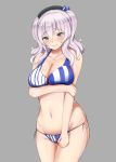  alternate_costume bare_shoulders bikini blue_eyes breast_hold breasts collarbone hair_between_eyes hazamanokaien highres kantai_collection kashima_(kantai_collection) large_breasts looking_at_viewer midriff navel silver_hair simple_background striped striped_bikini swimsuit twintails wavy_mouth 