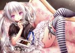  1girl absurdres black_ribbon breasts couch eating frilled_skirt frills highres huge_filesize indoors long_hair lying original ribbon see-through silver_hair skirt solo striped striped_legwear thigh-highs tinker_bell violet_eyes white_skirt 
