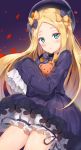 1girl abigail_williams_(fate/grand_order) absurdres bangs black_bow black_dress black_hat blonde_hair bloomers blue_eyes bow butterfly commentary_request dress eyebrows_visible_through_hair fate/grand_order fate_(series) forehead ginn_(hzh770121) hair_bow hat head_tilt highres long_hair long_sleeves looking_at_viewer object_hug orange_bow parted_bangs parted_lips polka_dot polka_dot_bow sleeves_past_wrists solo stuffed_animal stuffed_toy teddy_bear underwear very_long_hair white_bloomers 