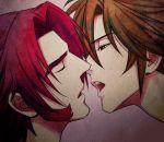  2boys brown_hair closed_eyes incipient_kiss male_focus multiple_boys nuzuki_(mamewo) open_mouth otegine profile red_eyes redhead tonbokiri_(touken_ranbu) touken_ranbu yaoi 