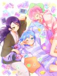  1boy 2girls :d blue_eyes blue_hair brother_and_sister dorothy_west highres japanese_clothes leona_west loungewear matching_outfit mole multiple_girls ndo2 official_style open_mouth pink_hair pripara short_hair siblings smile striped_hoodie striped_shorts toudou_shion twins 