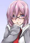  1girl absurdres baron_suzuki black-framed_glasses blush eyebrows eyebrows_visible_through_hair fate/grand_order fate_(series) glasses hair_over_one_eye hand_to_own_mouth highres hood hooded_jacket jacket long_sleeves looking_at_viewer necktie purple_hair red_necktie shielder_(fate/grand_order) short_hair simple_background sleeves_past_wrists smile solo upper_body violet_eyes 