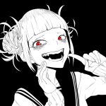  bags_under_eyes bangs blunt_bangs boku_no_hero_academia commentary_request double_bun fangs hand_on_own_face highres index_finger_raised looking_at_viewer red_eyes school_uniform serafuku sidelocks sleeves_past_wrists slit_pupils smile spot_color tocky toga_himiko 