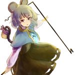  1girl animal_ears annoyed basket capelet dowsing_rod green_hair highres jewelry long_sleeves looking_at_viewer mouse mouse_ears mouse_tail nazrin necklace nuqura outstretched_arms red_eyes short_hair simple_background skirt skirt_set smile solo tail touhou white_background 