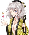  1girl \||/ baseball_bat blue_eyes breasts chiune_(yachi) collarbone hanshin_tigers hat heart holding kantai_collection kashima_(kantai_collection) looking_at_viewer one_eye_closed open_clothes robe silver_hair solo tongue tongue_out twintails upper_body wavy_hair white_background wide_sleeves 