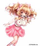  1girl akira_(natsumemo) ankle_cuffs black-framed_glasses blonde_hair blush bow breasts brown_eyes face_mask glasses hair_bow jewelry large_breasts long_hair looking_at_viewer mask necklace original simple_background skirt solo transparent_sleeves twintails white_background 