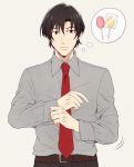  1boy adjusting_clothes black_hair boku_dake_ga_inai_machi candy dress_shirt grey_background lollipop looking_to_the_side male_focus red_eyes sasakura34 shirt solo thinking thought_bubble yashiro_gaku 