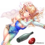  1girl akira_(natsumemo) alcohol blonde_hair blue_eyes blush bottle bowl breasts bridal_gauntlets cherry_blossoms cleavage dress flower hair_flower hair_ornament large_breasts long_hair looking_at_viewer original sake simple_background single_over-kneehigh smile solo white_background white_legwear 