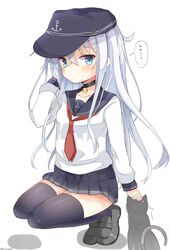  1girl anchor_symbol animal bell bell_choker black_legwear black_shoes blue_eyes cat choker flat_cap hair_between_eyes hat hibiki_(kantai_collection) highres kantai_collection kneeling loafers long_hair long_sleeves pinoaisu pleated_skirt school_uniform serafuku shoes silver_hair simple_background skirt thigh-highs translated white_background 