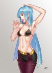  1girl 2016 arm_up armpits artist_name bangs belt beret black_bra blue_hair bra breasts candy chaps collarbone cowboy_shot dated food gradient gradient_background grey_background groin halterneck hand_on_own_head hat head_tilt highres holding holding_food kula_diamond lolik lollipop long_hair looking_away navel no_shirt pants parted_lips pink_lips pinky_out red_eyes sideboob signature solo stomach the_king_of_fighters toned underwear very_long_hair 