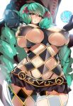  1girl argyle_cutout breasts covered_nipples curvy drill_hair fiore_burnelli gloves green_hair hair_ribbon huge_breasts looking_at_viewer ribbon simple_background skindentation solo star_ocean star_ocean_integrity_and_faithlessness thick_thighs thigh_gap thighs twin_drills wamwam white_background yellow_eyes 