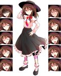  &gt;:) 1girl :o alphes_(style) arm_up asymmetrical_hair black_hat black_shoes black_skirt blush bobby_socks bow brown_eyes brown_hair closed_mouth collared_shirt crying crying_with_eyes_open dairi evil_smile expressions fedora frilled_skirt frills full-face_blush grey_background hair_bow half-closed_eyes hand_in_hair hand_on_hip hat long_skirt long_sleeves looking_at_viewer necktie parody red_bow red_necktie shaded_face shirt shoes short_hair simple_background skirt sleeve_cuffs smile socks standing style_parody sweatdrop teardrop tears touhou usami_renko white_legwear white_shirt wince 