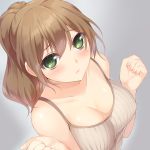  1girl bangs blush breasts brown_hair camisole cleavage closed_mouth collarbone eyebrows eyebrows_visible_through_hair from_above green_eyes grey_background hair_between_eyes hmniao large_breasts long_hair looking_at_viewer nail_polish original pink_nails ringed_eyes sleeveless solo upper_body 