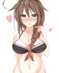  1girl ahoge arm_behind_back bare_shoulders bikini_top blue_eyes blush braid breasts brown_hair collarbone covered_nipples hair_flaps hair_over_shoulder heart highres kantai_collection large_breasts long_hair looking_at_viewer navel no_panties open_mouth out-of-frame_censoring pikatchi remodel_(kantai_collection) shigure_(kantai_collection) simple_background single_braid solo wet white_background 