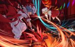  2girls asu_tora battle blonde_hair blue_hair debris dress flandre_scarlet full_moon hat hat_ribbon highres holding holding_weapon indoors laevatein mob_cap moon multiple_girls open_mouth pointy_ears puffy_short_sleeves puffy_sleeves red_carpet red_eyes red_moon red_ribbon red_shoes red_skirt remilia_scarlet ribbon shoes short_sleeves siblings sisters skirt skirt_set spear_the_gungnir stairs touhou white_dress window wrist_cuffs 