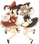  2girls apron ascot bow brown_hair cats_brain detached_sleeves full_body green_eyes hair_bow hair_ribbon hair_tubes hakurei_reimu hat hat_ribbon japanese_clothes jumping kirisame_marisa kneehighs light_brown_hair long_sleeves looking_at_viewer mary_janes midriff miko multiple_girls open_mouth orange_eyes ponytail puffy_sleeves ribbon shirt shoes short_sleeves simple_background skirt skirt_set smile socks touhou vest waist_apron white_background white_legwear wide_sleeves witch_hat 