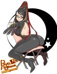  1koma agawa_ryou ass bare_back bayonetta bayonetta_(character) breasts chair glasses high_heels large_breasts lips looking_at_viewer looking_back mole moon parted_lips sitting smile solo 