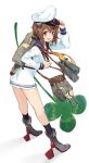  1girl :d backpack bag bangs binoculars black_legwear brown_eyes brown_hair clover dress eyebrows eyebrows_visible_through_hair four-leaf_clover full_body hair_between_eyes hand_on_headwear hat hat_tip headgear high_heels highres holding_strap kantai_collection kneehighs leaning_forward long_sleeves looking_at_viewer microphone open_mouth peaked_cap sailor_dress short_dress short_hair shoulder_bag simple_background smile solo touzai_(poppin_phl95) turret white_background white_dress yukikaze_(kantai_collection) 