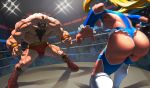  1boy 1girl ass battle beard blonde_hair boots breasts brown_hair facial_hair from_behind highres large_breasts leotard long_hair loped muscle rainbow_mika running street_fighter twintails wrestling_outfit wrestling_ring zangief 