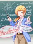  1girl belt blonde_hair cardigan chalkboard closed_eyes cup eblmeka ellen_baker gundam gundam_unicorn long_skirt new_horizon open_mouth ponytail scrunchie sd_gundam skirt smile solo teaching teacup unicorn_gundam 