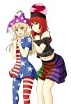  2girls absurdres american_flag_legwear american_flag_shirt black_hair blowing_in_ear blush clothes_writing clownpiece collar frilled_skirt frills hat hecatia_lapislazuli highres jester_cap leaning_forward leaning_on_person legs long_hair multicolored_skirt multiple_girls navel off-shoulder_shirt ozu_(agito100001) pantyhose plaid plaid_skirt red_eyes redhead shirt short_sleeves simple_background skirt surprised thighs touhou white_background 