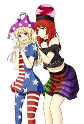  2girls absurdres american_flag_legwear american_flag_shirt black_hair blowing_in_ear blush clothes_writing clownpiece collar frilled_skirt frills hat hecatia_lapislazuli highres jester_cap leaning_forward leaning_on_person legs long_hair multicolored_skirt multiple_girls navel off-shoulder_shirt ozu_(agito100001) pantyhose plaid plaid_skirt red_eyes redhead shirt short_sleeves simple_background skirt surprised thighs touhou white_background 