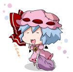  1girl :3 bat_wings blue_hair bow brooch chibi closed_eyes commentary detached_wings drooling hat hat_bow jewelry mob_cap noai_nioshi open_mouth patch pillow puffy_short_sleeves puffy_sleeves red_bow remilia_scarlet short_hair short_sleeves solo touhou translated wings 