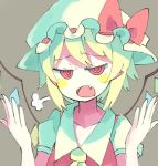  1girl =3 baron_(x5qgeh) blonde_hair bow collarbone fang flandre_scarlet hat hat_bow looking_at_viewer mob_cap open_mouth red_eyes ringed_eyes shirt short_hair short_sleeves solo touhou wings 