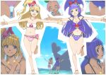  3girls :d akinbo_(hyouka_fuyou) asahina_mirai ass bangs bikini blonde_hair blue_eyes blue_hair blunt_bangs blush_stickers bracelet breasts character_request cleavage cure_miracle earrings grin hair_ornament hat jewelry long_hair looking_at_another mahou_girls_precure! multiple_girls navel open_mouth outstretched_arms precure side_ponytail smile swimsuit teeth 