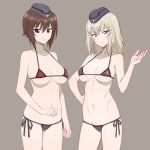  2girls bikini black_bikini blue_eyes blush breasts brown_eyes brown_hair commentary_request girls_und_panzer hat highres itsumi_erika large_breasts long_hair looking_at_viewer micro_bikini minazuki_juuzou multiple_girls navel nishizumi_maho short_hair side-tie_bikini sketch swimsuit under_boob 