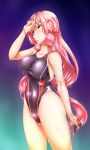  1girl absurdres akashi_(kantai_collection) breasts competition_swimsuit f-rhine green_eyes hair_ribbon highres kantai_collection large_breasts long_hair one-piece_swimsuit open_mouth pink_hair ribbon swimsuit tress_ribbon water wet wiping_forehead 