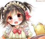  1girl akagi_miria black_hair blush brown_eyes idolmaster idolmaster_cinderella_girls maid_headdress open_mouth short_hair smile solo teapot tray twintails yumeno_(rubbercup) 