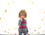  absurdres androgynous backlighting blood bloody_knife bloody_weapon brown_hair chara_(undertale) cowboy_shot dark_persona frisk_(undertale) highres knife parted_lips petals red_eyes shorts simple_background solo ss0l_(skghek) striped striped_sweater sweater tagme tears undertale weapon white_background 