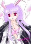  1girl animal_ears bra breasts buttons character_name cleavage collarbone dress_shirt facing_viewer jacket long_hair looking_at_viewer open_clothes open_jacket open_shirt pink_bra pink_hair purple_hair rabbit_ears raptor7 reisen_udongein_inaba shirt sidelocks simple_background solo touhou translated underwear white_background white_shirt 