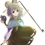  1girl animal_ears basket capelet dowsing_rod green_hair highres jewelry long_sleeves looking_at_viewer mouse mouse_ears mouse_tail nazrin necklace nuqura outstretched_arms red_eyes short_hair simple_background skirt skirt_set smile solo tail touhou white_background 