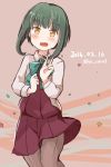  1girl anniversary blush bow bowtie brown_eyes commentary_request confetti dated dress green_hair kantai_collection open_mouth pantyhose riz_(ravel_dc) short_hair sleeveless sleeveless_dress takanami_(kantai_collection) twitter_username v white_blouse 