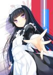  1girl 47agdragon android apron black_dress black_hair dress grudge_breaker highres hime_cut juliet_sleeves long_hair long_sleeves looking_at_viewer maid maid_apron maid_headdress official_art original outstretched_hand puffy_sleeves smile solo very_long_hair violet_eyes 