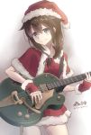  1girl blue_eyes brown_hair cowboy_shot d-style_wed electric_guitar gloves guitar hair_flaps hat instrument kantai_collection looking_away santa_costume santa_hat shigure_(kantai_collection) smile solo whammy_bar 