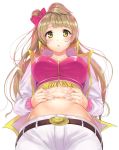  1girl :o belt blush bow breasts brown_eyes brown_hair bustier fringe hair_bow hands_on_stomach jacket kichiroku long_hair looking_at_viewer love_live!_school_idol_project love_marginal midriff minami_kotori navel one_side_up open_mouth pants side_ponytail solo spread_navel taut_clothes zipper 