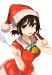  1girl bell black_hair bow cream cream_on_face food food_on_face hat highres looking_at_viewer nuqura pointy_ears red_eyes santa_costume santa_hat shameimaru_aya short_hair short_sleeves simple_background solo tongue tongue_out touhou whisk white_background 