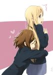  2girls aoi_bara blonde_hair blue_eyes brown_hair closed_eyes highres hirasawa_yui hug hug_from_behind k-on! kotobuki_tsumugi long_hair multiple_girls school_uniform short_hair 