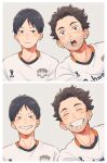  2boys black_hair blue_eyes brown_eyes brown_hair commentary_request facial_hair grin haikyuu!! jersey kageyama_tobio laugh_111 looking_at_viewer male_focus multiple_boys nicolas_romero short_hair smile sportswear stubble teeth volleyball_uniform 