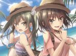  2girls annoyed bag beach blue_sky brown_eyes brown_hair casual clouds d-style_wed day green_eyes green_hair hat jewelry kantai_collection light_rays looking_at_viewer multiple_girls necklace open_mouth outdoors sendai_(kantai_collection) shoulder_bag shoulder_cutout sky smile straw_hat tank_top twintails two_side_up zuikaku_(kantai_collection) 