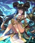  1girl barefoot black_hair blue_eyes bracelet braid child double_bun guardians_violation hair_ornament jewelry light_rays long_hair looking_at_viewer official_art original revealing_clothes sitting solo twin_braids twintails u369 very_long_hair 