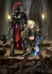  2girls armor arrow belt blonde_hair blue_eyes boots bow_(weapon) crop_top elf full_armor gauntlets gloves halberd helmet holding holding_weapon jilllxlxl looking_at_viewer midriff multiple_girls navel original pointy_ears polearm purple_legwear skirt smile thigh-highs weapon 