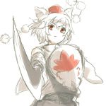  1girl animal_ears bare_shoulders detached_sleeves fighting_stance hat inubashiri_momiji leaf looking_at_viewer maple_leaf nuqura pom_pom_(clothes) red_eyes shield short_hair simple_background solo sword tokin_hat touhou weapon white_background white_hair wide_sleeves wolf_ears 