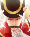  1boy cat facial_hair hanarosa hat highres mouse mustache nagagutsu-san neko_atsume personification rapier solo sword weapon white_feather 